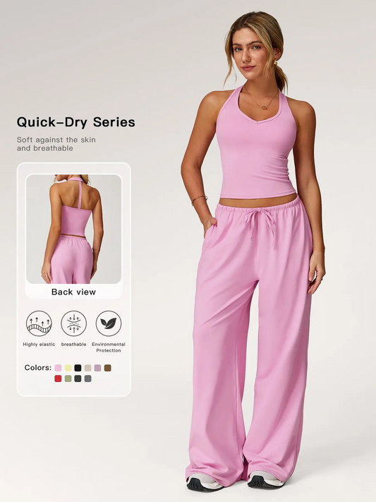 Women's 2-Piece Halter Neck Sports Set | Wide Leg Pants & Sleeveless Top for Workout, Running & Tennis