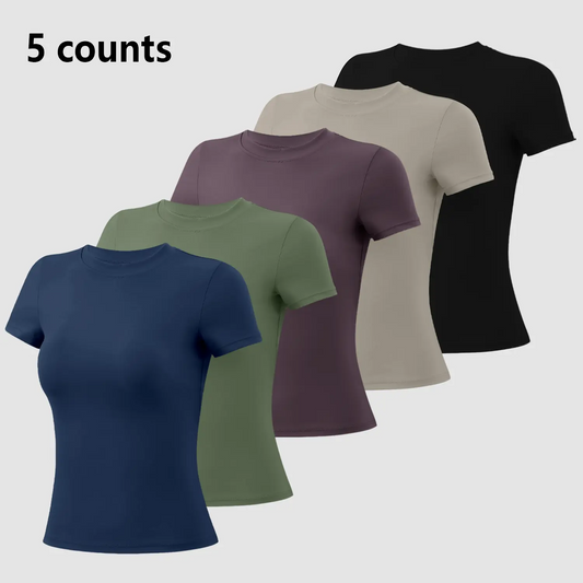 Women's 5-Pack Slim-Fit Sports Tee Set – Moisture-Wicking Nylon, Round Neck Workout Tops for Yoga & Gym