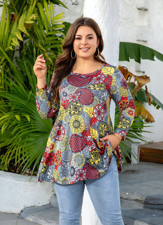 Women's Plus Size Floral Tunic Top | 3/4 Sleeve Swing Blouse, Flowy Fit, Wear with Leggings – S to 5XL