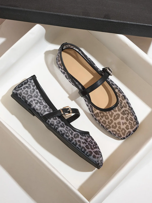 Women's Leopard Print Mesh Flats – Square Toe Slip-On, Breathable & Comfortable