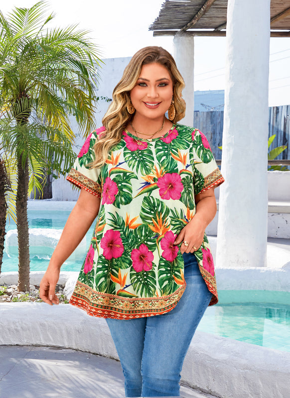 Women's Plus Size Hot Pink Floral & Green Leaf Tunic Top – Short Sleeve Swing Blouse
