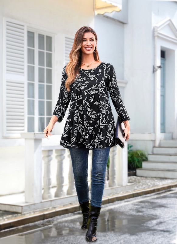 Women's Plus Size Black Floral Tunic Top | 3/4 Sleeve Swing Flare Blouse with Pockets