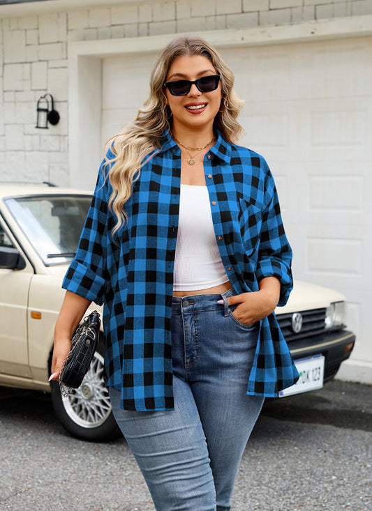 Women's Plus Size Royal Blue Plaid Flannel Shirt | Long Sleeve Button Down