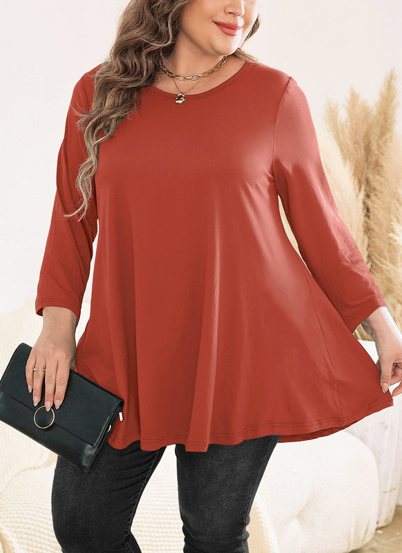 Women's Plus Size Tunic Top | 3/4 Sleeve Swing Blouse, Flowy Loose Fit, Wear with Leggings – Burnt Orange, L to 6XL