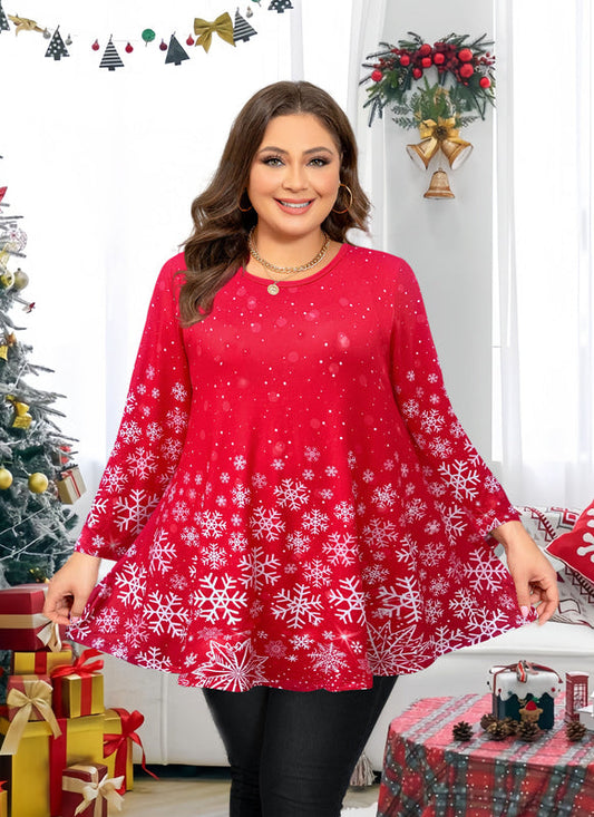 Women's Plus Size Red Christmas Tunic Top – 3/4 Sleeve Festive Swing Flare Blouse