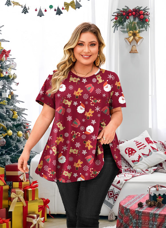 Women's Burgundy Christmas Swing Tunic Top – Short Sleeve, Plus Size