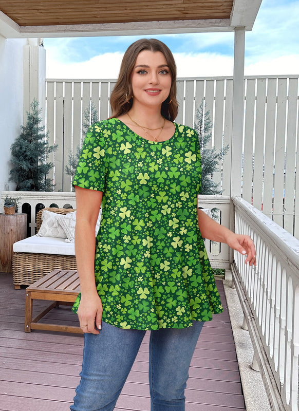 Green Shamrock Clover Print Tunic Top – Women's Plus Size Short Sleeve Swing Blouse to Wear with Leggings (S–7XL)