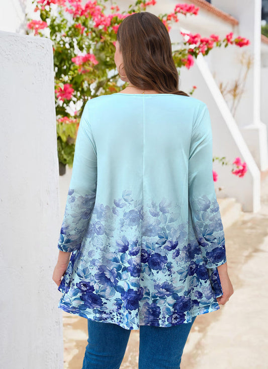 Women's Plus Size Blue Floral Ombre Tunic Top – 3/4 Sleeve Swing Flare Blouse