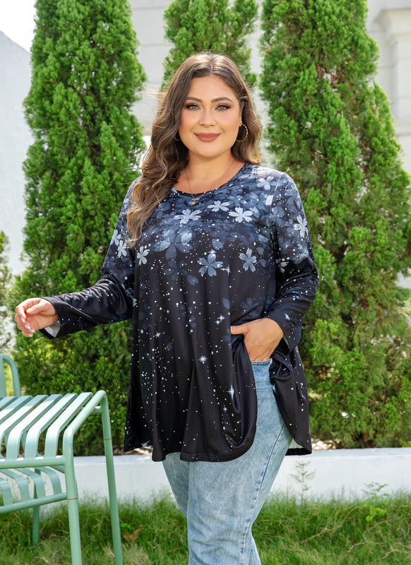 Women's Plus Size Grey & Black Floral Tunic Top – 3/4 Sleeve Swing Flare Blouse