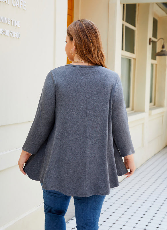 Women's Plus Size Dark Grey Tunic Top – 3/4 Sleeve Swing Flare Blouse for Leggings (L–6XL)