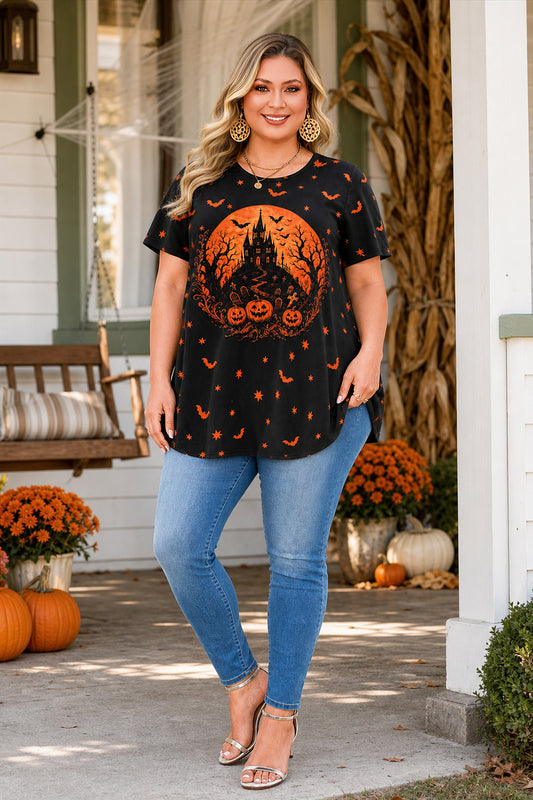 Women's Halloween Black & Orange Tunic Top – Graphic Print, Plus Size