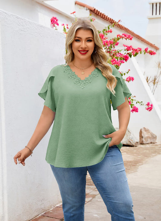 Women's Plus Size Floral Trim Tunic Top | V-Neck Short Sleeve Blouse – Sage Green