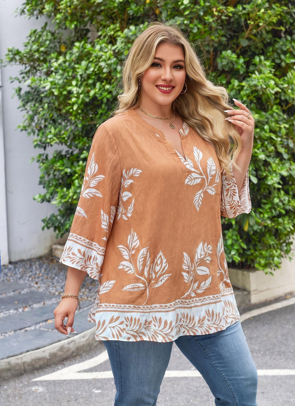 Women's Plus Size Ginger Yellow Tropical Leaf Print Tunic Top | 3/4 Sleeve