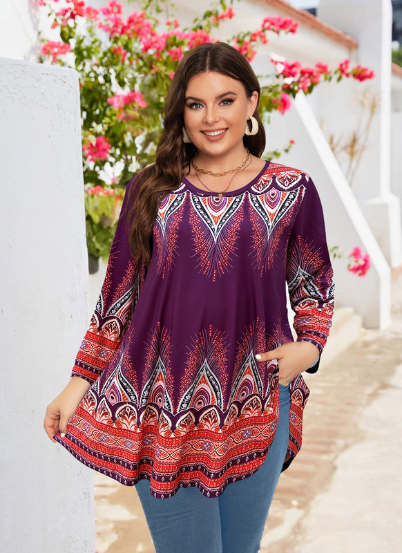 Women's Plus Size Orange & Purple Floral Tunic Top – 3/4 Sleeve Swing Flare Blouse