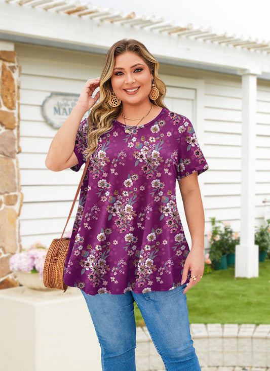 Women's Magenta Floral Swing Tunic Top – Short Sleeve, Plus Size