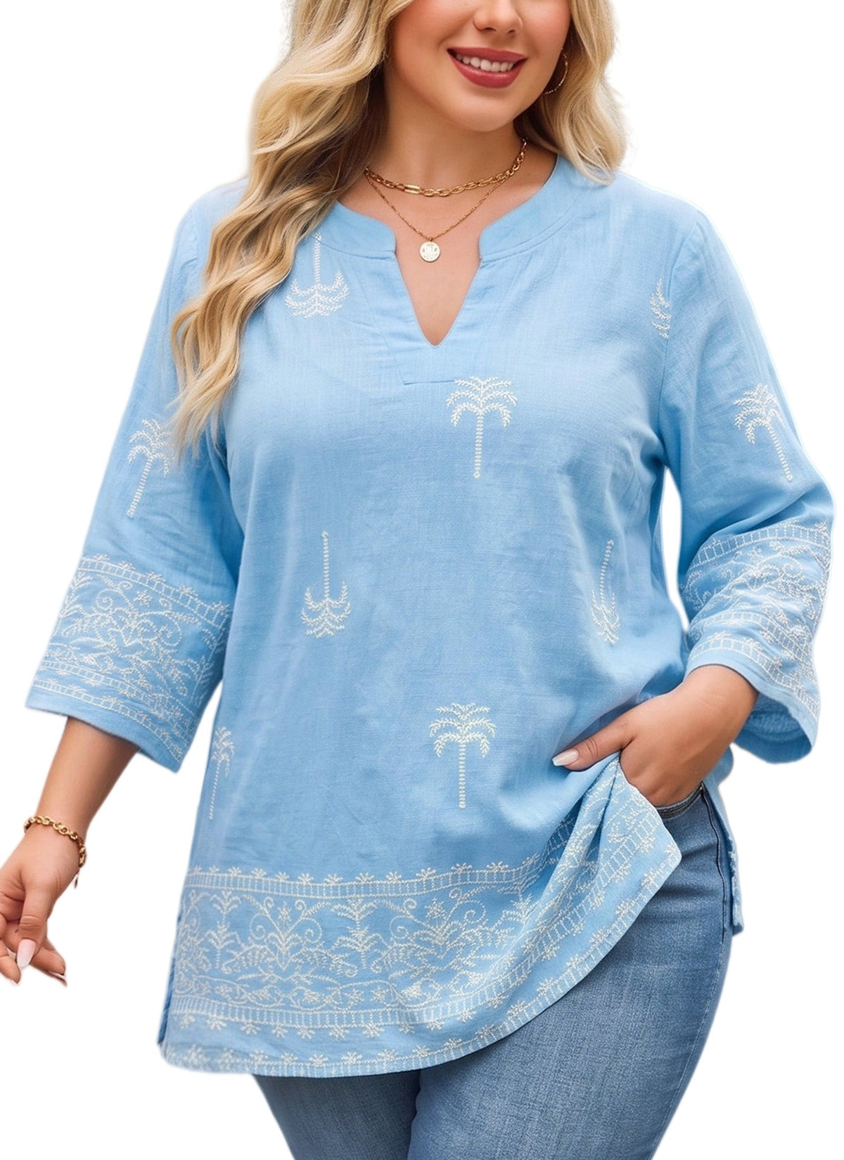 Women's Plus Size Light Blue Embroidered Tropical Tunic Top | 3/4 Sleeve
