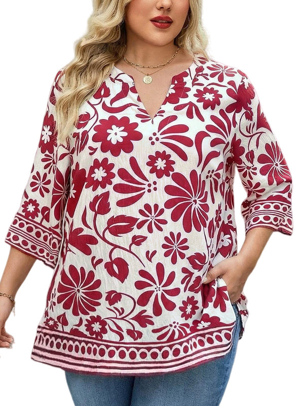 Women's Plus Size Red Floral Vine Print Tunic Top | 3/4 Sleeve Boho Blouse