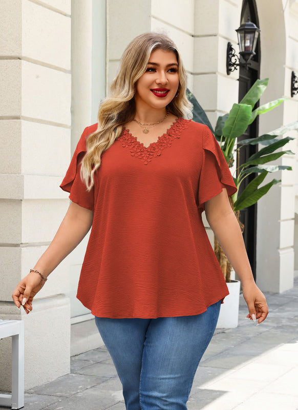 Women's Burnt Orange V-Neck Blouse – Floral Lace Trim, Plus Size