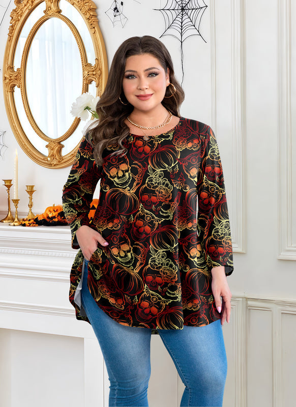 Women's Plus Size Halloween Tunic Top – 3/4 Sleeve Spooky Swing Flare Blouse
