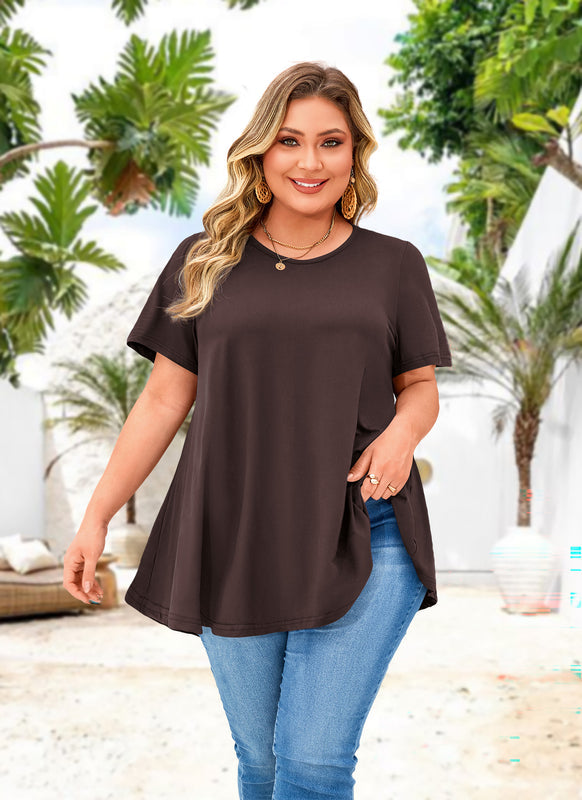 Dark Brown Short Sleeve Swing Tunic Top – Women's Plus Size Crew Neck Flowy Blouse to Wear with Leggings (S–7XL)