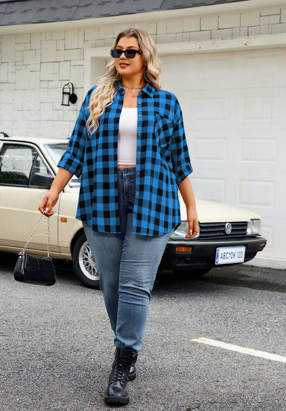 Women's Plus Size Royal Blue Plaid Flannel Shirt | Long Sleeve Button Down