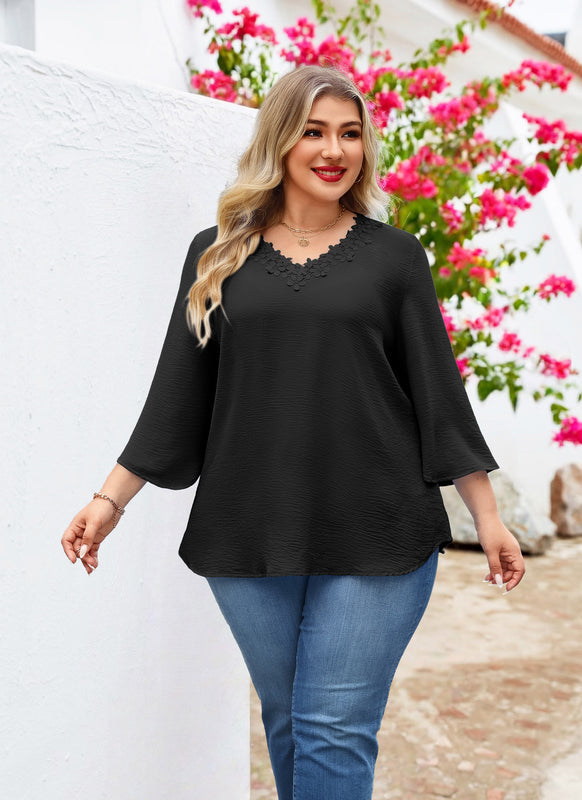 Women's Plus Size Floral Trim Tunic Top | 3/4 Sleeve V-Neck Blouse – Black