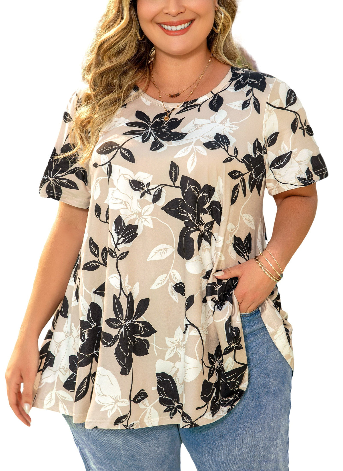 Women's Plus Size Swing Tunic Top – Short Sleeve, Flowy Blouse in Neutral Beige, Black & White