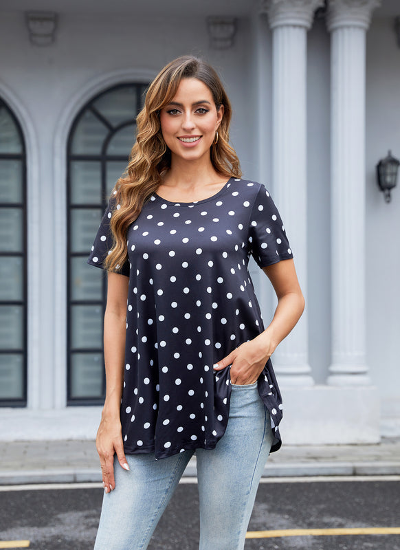 Navy Blue Polka Dot Print Tunic Top – Women's Plus Size Short Sleeve Swing Blouse to Wear with Leggings (S–7XL)