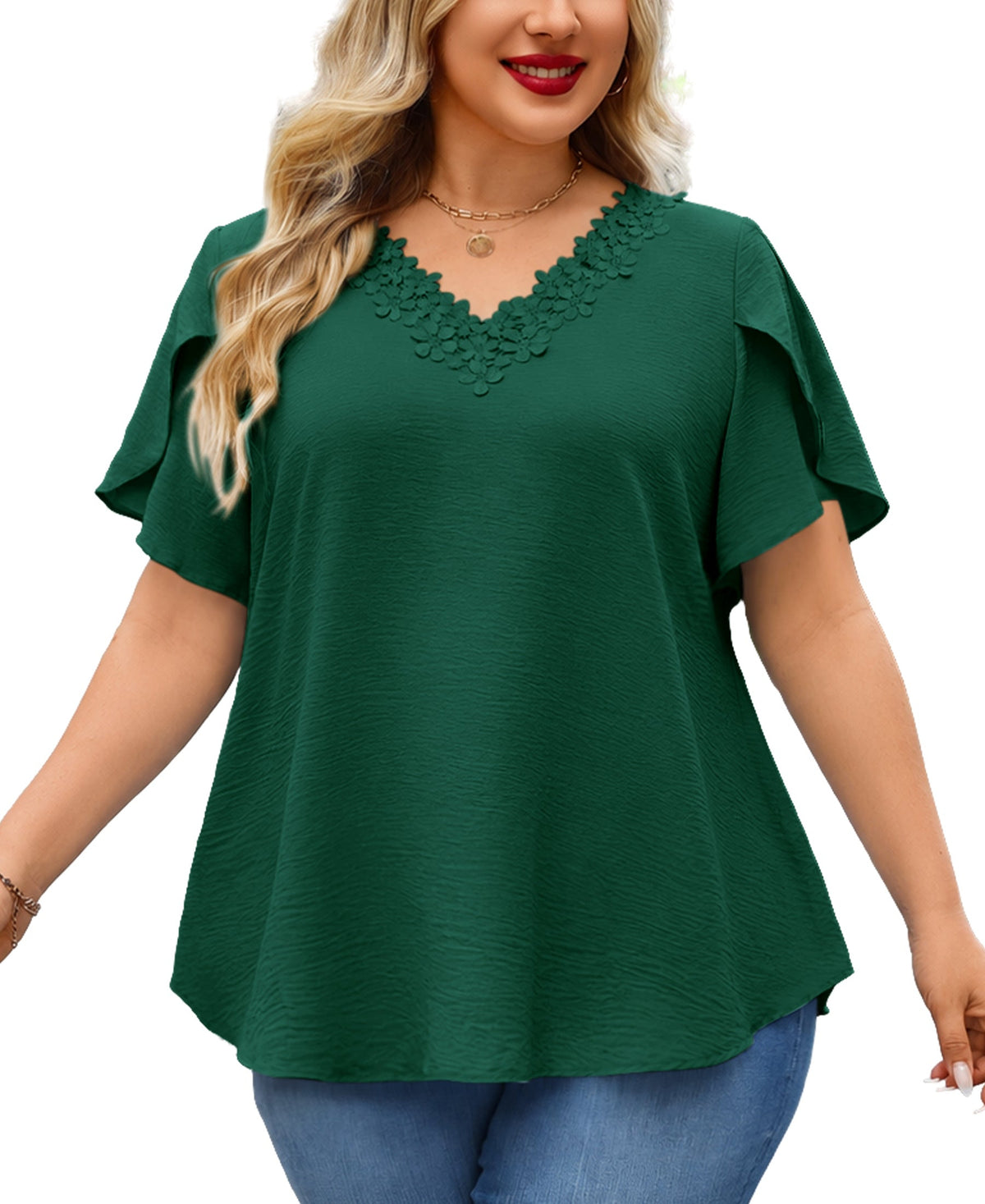 Plus Size Top V Neck Short Sleeve Blouses for Curvy Women Loose Fit Dressy Floral Trim Ladies Tunic