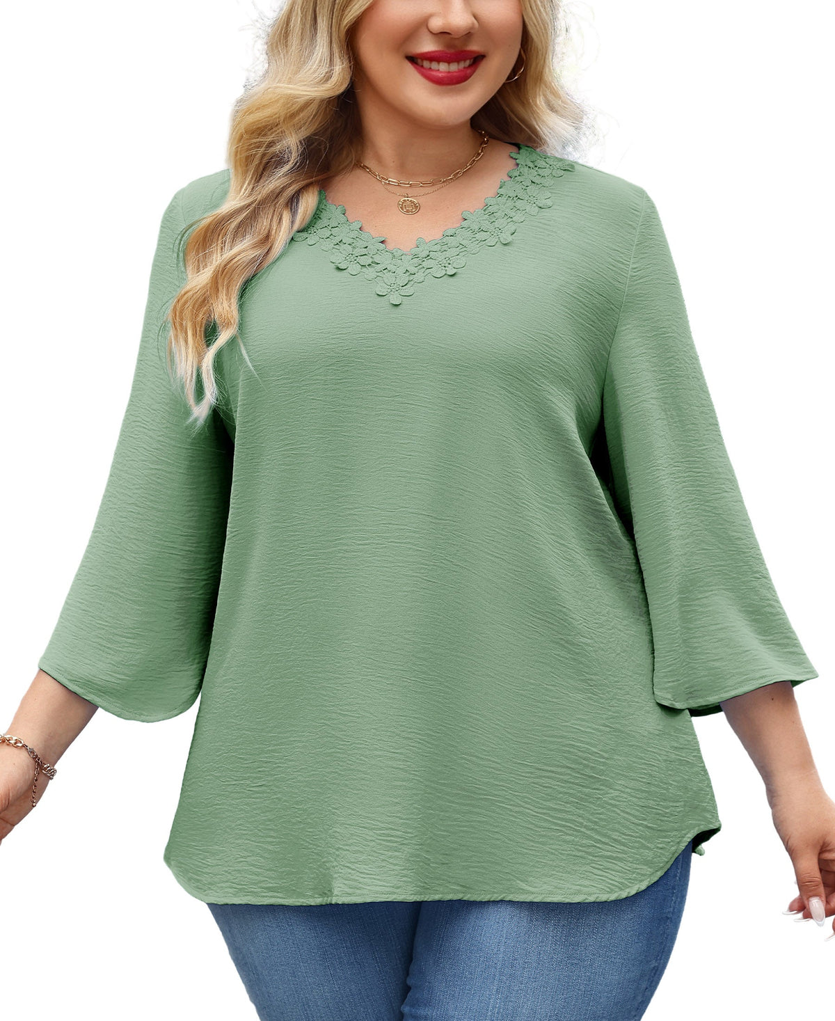 Women's Plus Size Sage Green Floral Trim V-Neck Blouse | 3/4 Sleeve Tunic Top