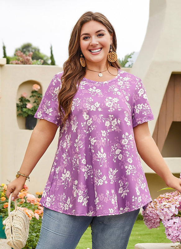Women's Plus Size Purple & White Tunic Top – Short Sleeve Swing Blouse