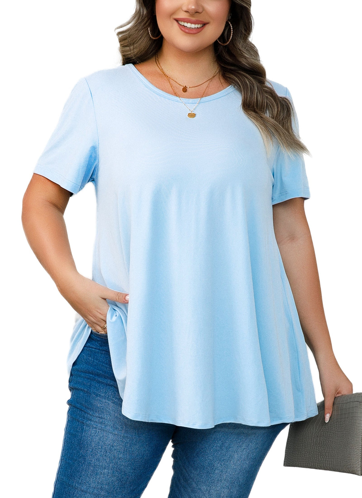 Women's Plus Size Swing Tunic Top – Short Sleeve, Flowy Flare, Crew Neck Blouse to Wear with Leggings