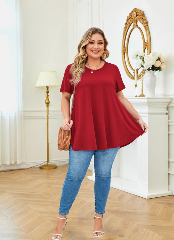 Women's Plus Size Swing Tunic Top – Short Sleeve, Flowy A-Line Blouse to Wear with Leggings