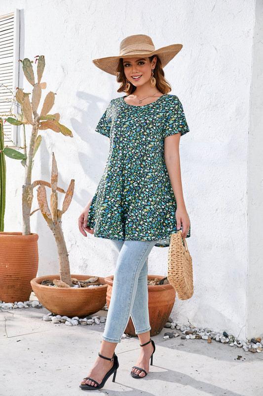 Dark Green Ditsy Floral Print Tunic Top – Women's Plus Size Short Sleeve Swing Blouse to Wear with Leggings (S–7XL)