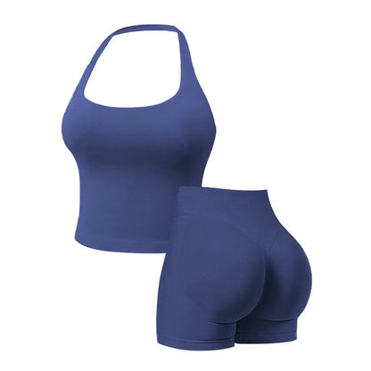 Two-Piece Set Women's Solid Color Halter Top & High Waist Shorts Sports Set, Sporty Breathable Quick Drying Outfits for Yoga Gym Workout Running, Ladies Sportswear for Summer, Quick Dry Activewear