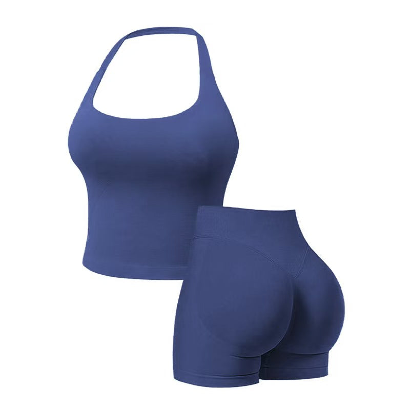 Two-Piece Set Women's Solid Color Halter Top & High Waist Shorts Sports Set, Sporty Breathable Quick Drying Outfits for Yoga Gym Workout Running, Ladies Sportswear for Summer, Quick Dry Activewear