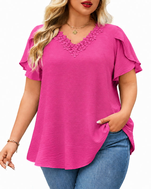 Women's Floral Trim V-Neck Tunic – Loose Fit Short Sleeve Blouse