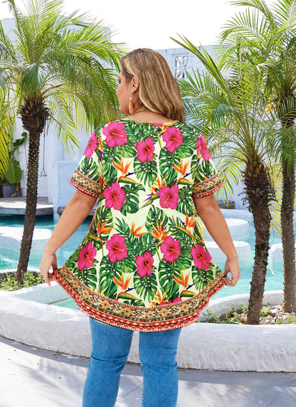 Women's Plus Size Hot Pink Floral & Green Leaf Tunic Top – Short Sleeve Swing Blouse