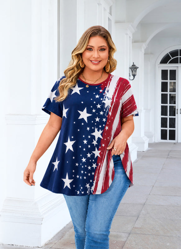 Women's Plus Size American Flag Tunic Top – Short Sleeve Patriotic Swing Blouse