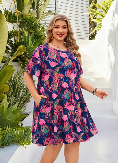 Women's Plus Size Navy Flamingo Tropical T-Shirt Dress | Short Sleeve
