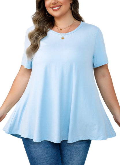 Women's Plus Size Swing Tunic Top – Short Sleeve, Flowy Flare, Crew Neck Blouse to Wear with Leggings