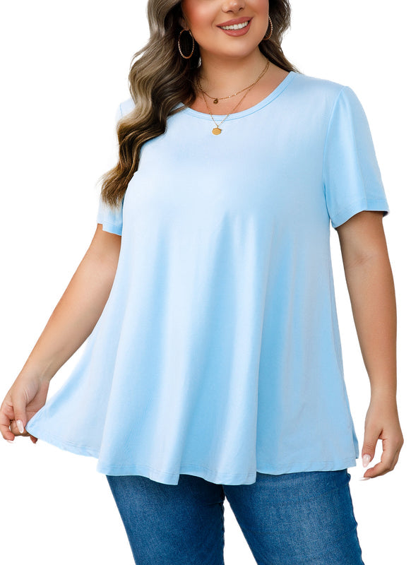 Women's Plus Size Swing Tunic Top – Short Sleeve, Flowy Flare, Crew Neck Blouse to Wear with Leggings