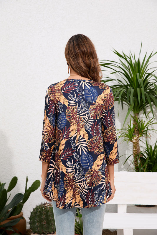 Women's Plus Size Tropical Leaf Print Tunic Top – 3/4 Sleeve Swing Flare Blouse