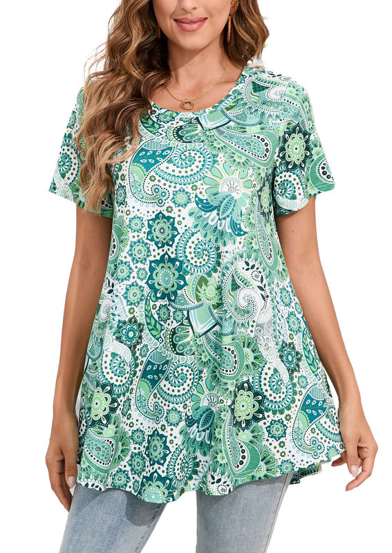 Sage Green Paisley Mandala Print Tunic Top – Women's Plus Size Short Sleeve Swing Blouse to Wear with Leggings (S–7XL)