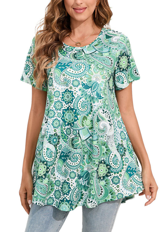 Sage Green Paisley Mandala Print Tunic Top – Women's Plus Size Short Sleeve Swing Blouse to Wear with Leggings (S–7XL)