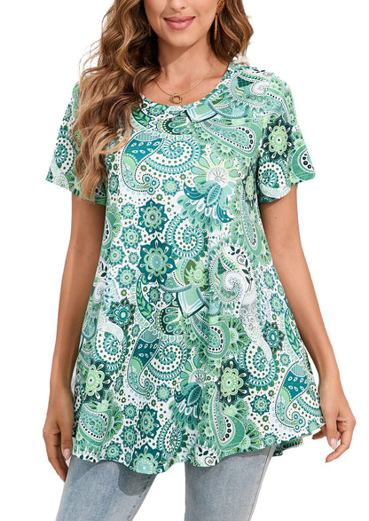 Sage Green Paisley Mandala Print Tunic Top – Women's Plus Size Short Sleeve Swing Blouse to Wear with Leggings (S–7XL)