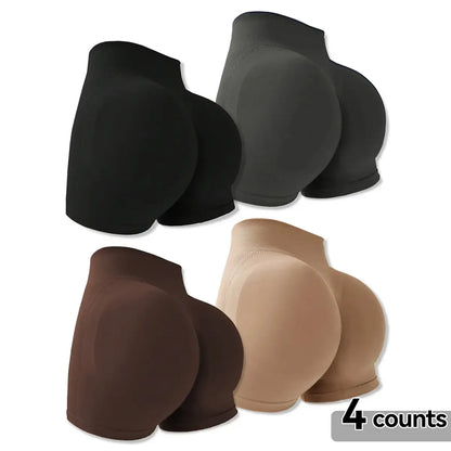 4-Pieces High Waist Tummy Control Side-Ribbed Butt-Lifting Seamless Shorts, Lightweighted Summer Shorts,  Stretchy Womenswear Bottom Peachy Shorts