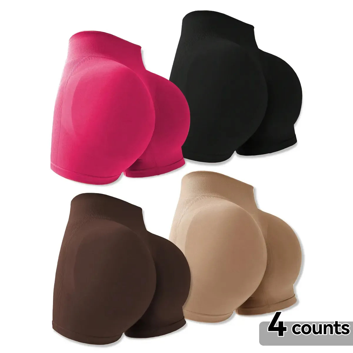 4-Pieces High Waist Tummy Control Side-Ribbed Butt-Lifting Seamless Shorts, Lightweighted Summer Shorts,  Stretchy Womenswear Bottom Peachy Shorts