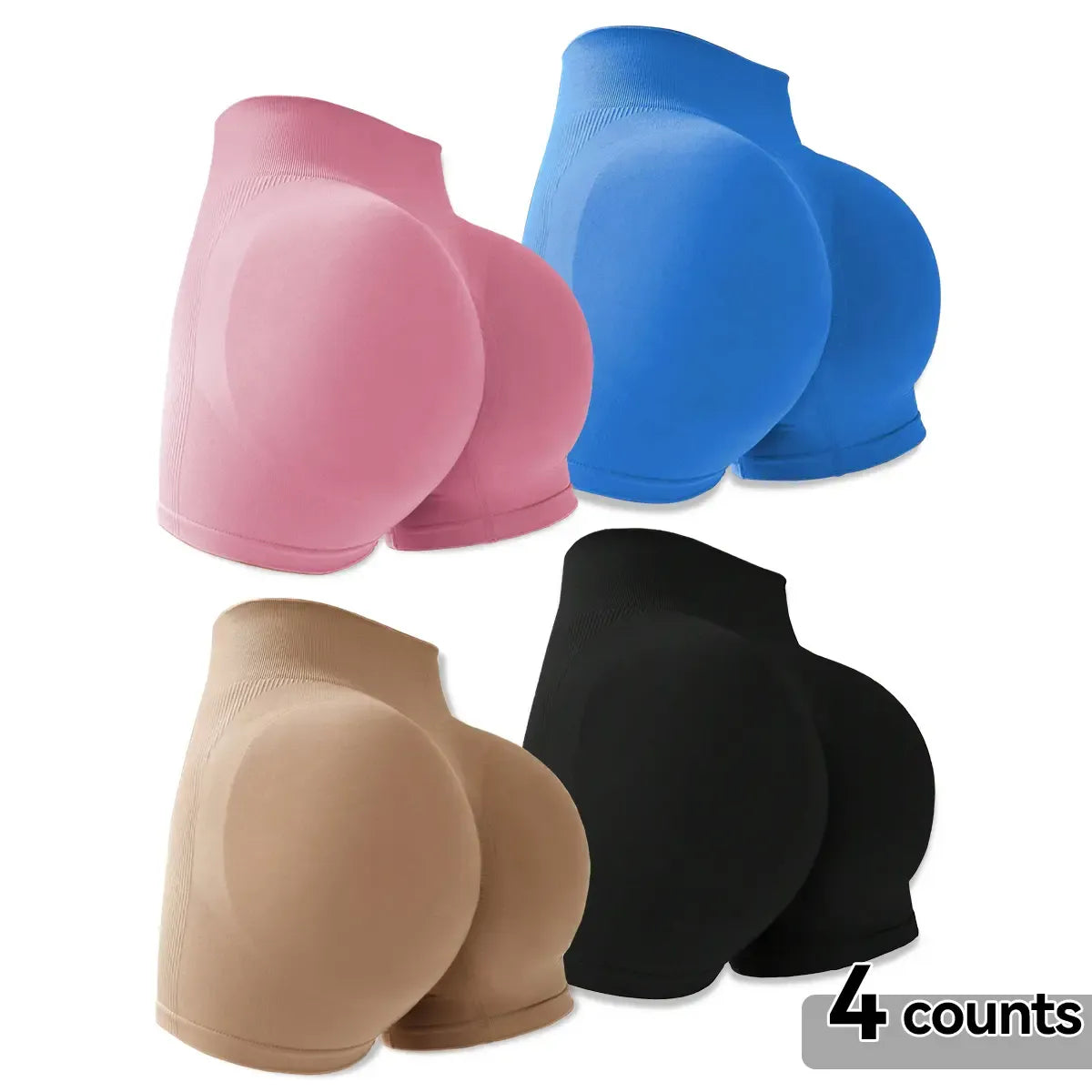 4-Pieces High Waist Tummy Control Side-Ribbed Butt-Lifting Seamless Shorts, Lightweighted Summer Shorts,  Stretchy Womenswear Bottom Peachy Shorts