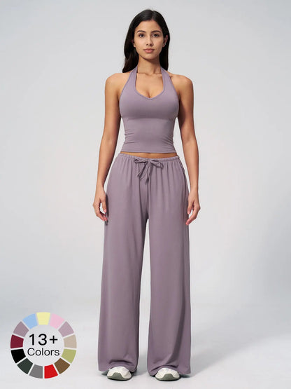 Women's Solid Halter Neck Top & Wide Leg Pants Sports Set, Casual Sleeveless Top & Pants for Daily Outdoor Wear, Ladies Sportswear for Tennis Running, Workout Clothes, Outdoor Sports Clothing